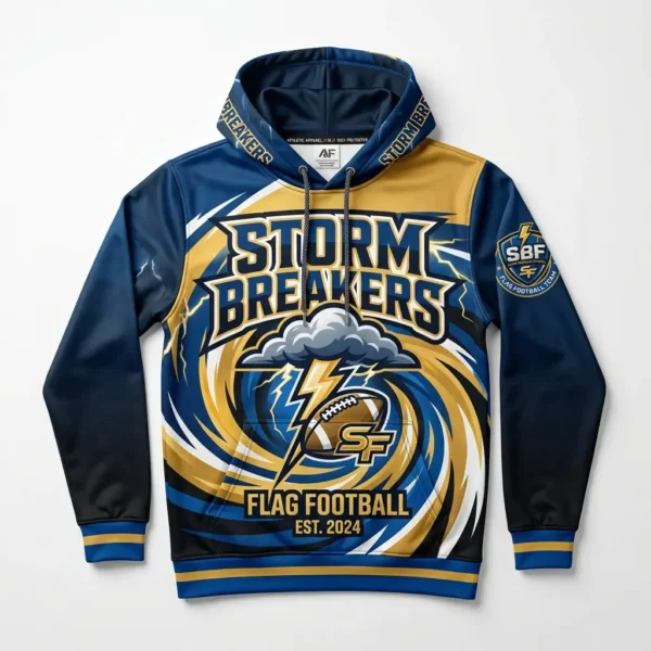 Sublimated lighting graphic flag football team hoodie.