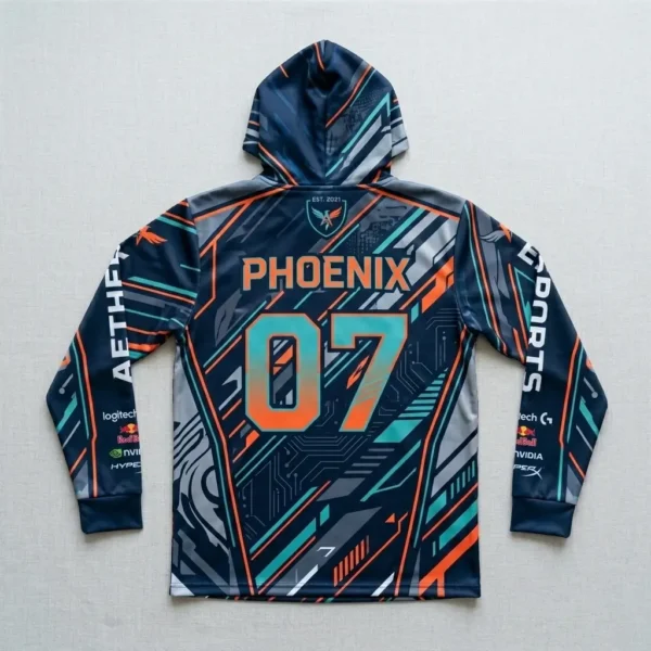 Sublimated long sleeve hooded eSports jersey back.