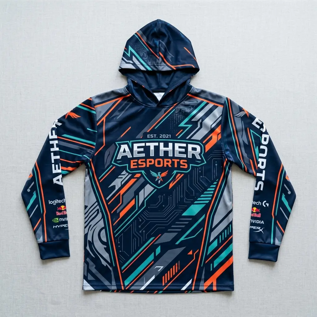 Sublimated long sleeve hooded eSports jersey front.