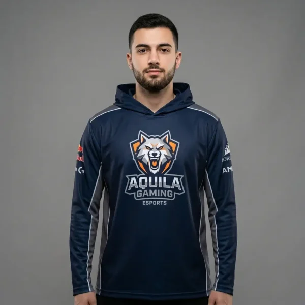Sublimated navy hooded ESports jersey.