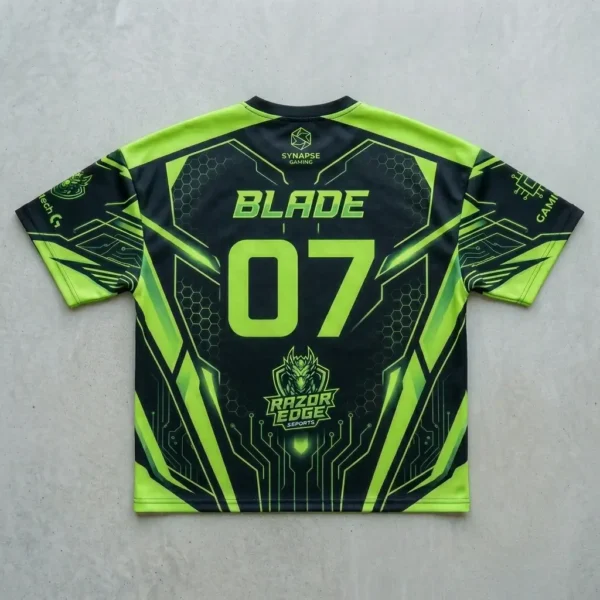 Sublimated neon eSports jersey back.