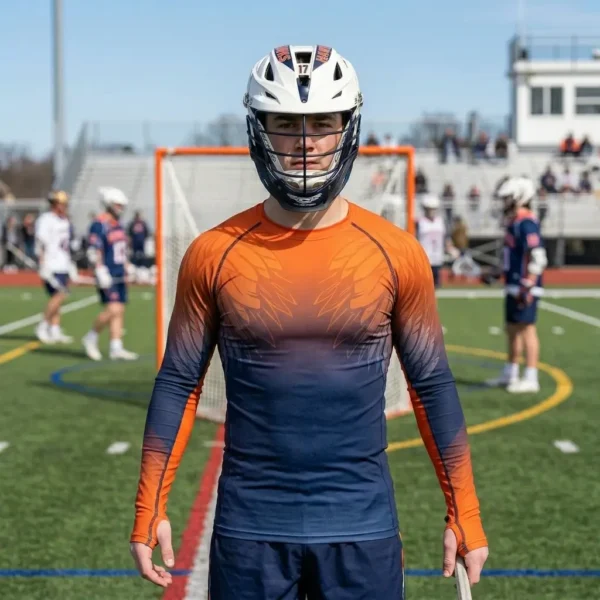 Sublimated ombre full sleeve lacrosse shooting shirt.