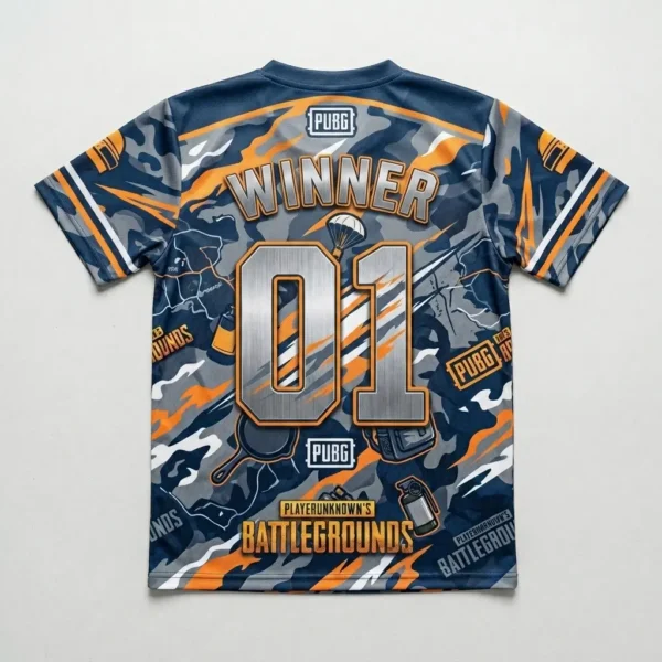 Sublimated PUBG camo jersey back.