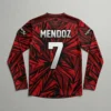 Sublimated red geometric long sleeve eSports jersey back.