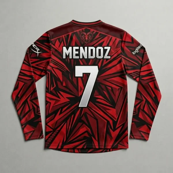 Sublimated red geometric long sleeve eSports jersey back.