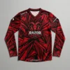 Sublimated red geometric long sleeve eSports jersey front.