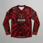Sublimated red geometric long sleeve eSports jersey front.