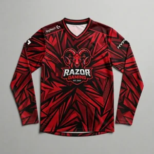 Sublimated red geometric long sleeve eSports jersey front.