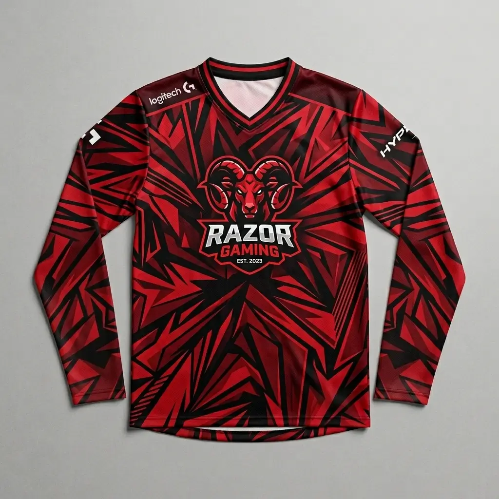 Sublimated red geometric long sleeve eSports jersey front.