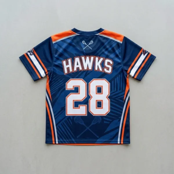 Sublimated short sleeve reversible lacrosse jersey navy back.