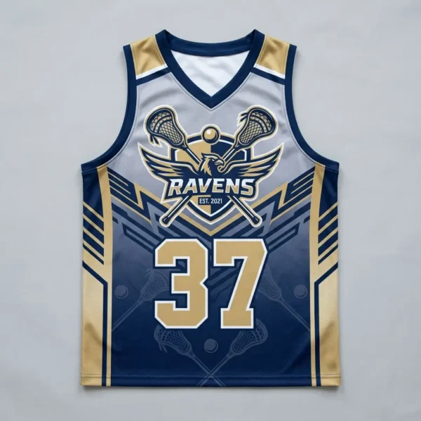 Sublimated sleeveless lacrosse jersey front.