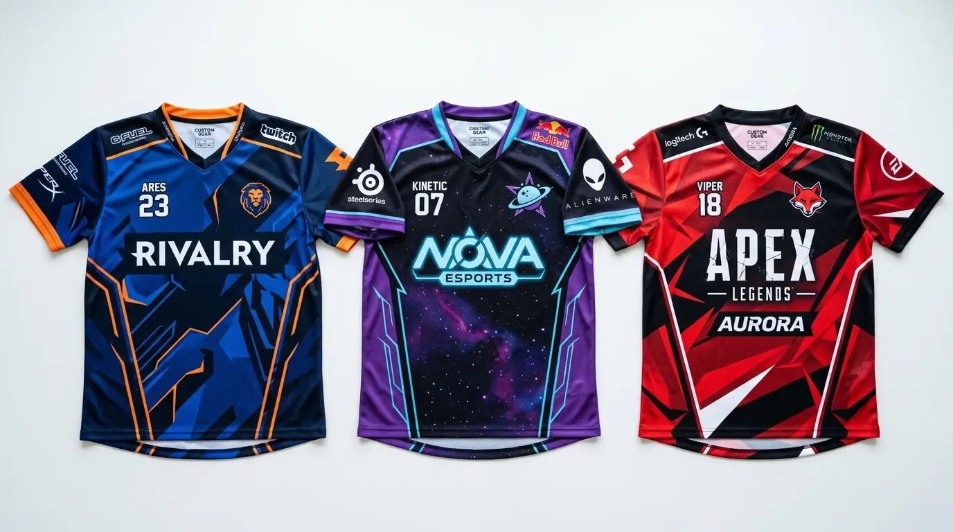 Three sublimated v-neck custom ESports jerseys.