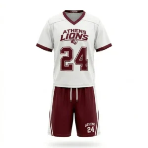White and maroon athens lions men's field lacrosse uniform front.