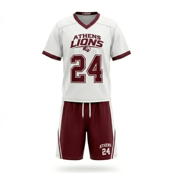 White and maroon athens lions men's field lacrosse uniform front.