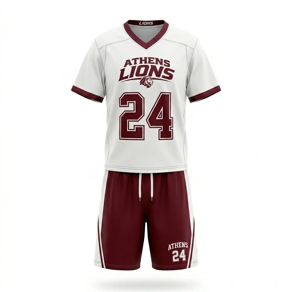 White and maroon athens lions men's field lacrosse uniform front.
