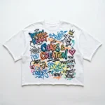 White graffiti cropped oversized t-shirt front.