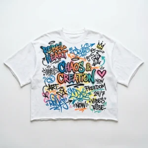 White graffiti cropped oversized t-shirt front.