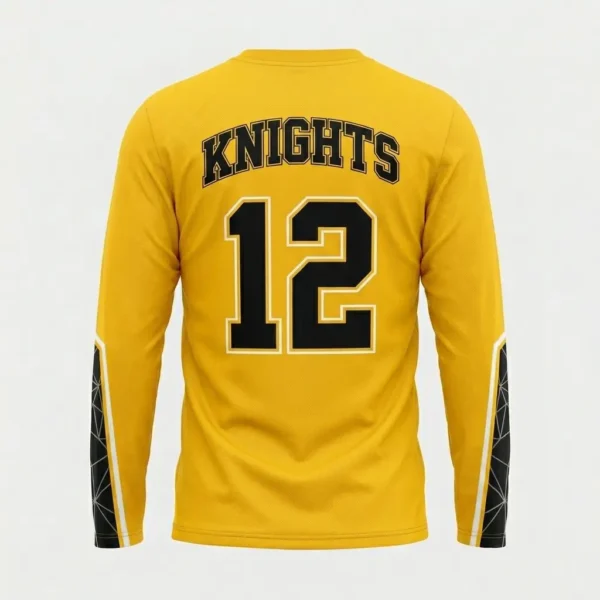 Yellow long sleeve lacrosse shooting shirt back.