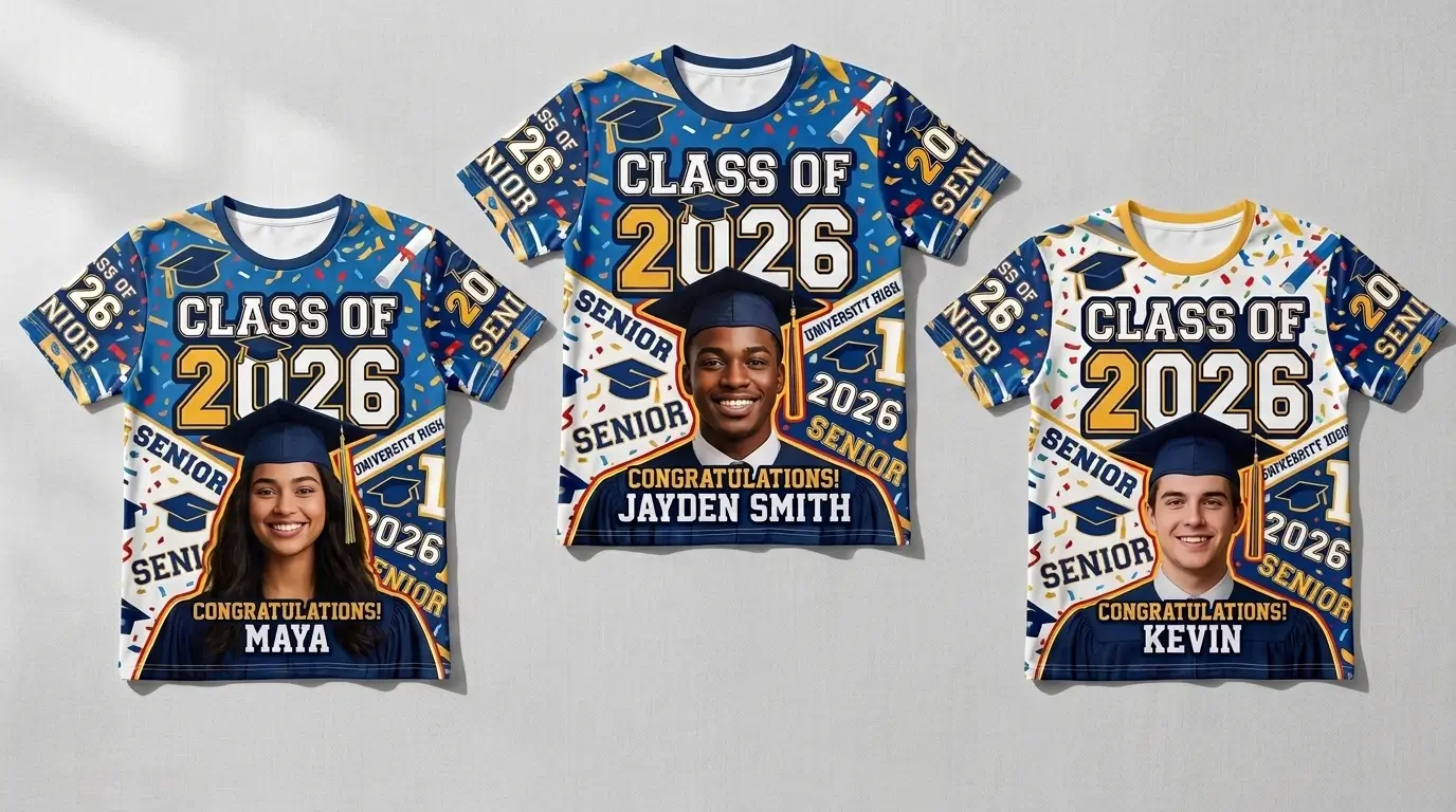 All over printed custom graduation shirts.