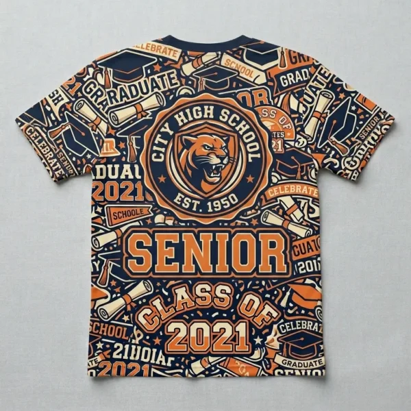 All over printed retro style graduation shirt back.