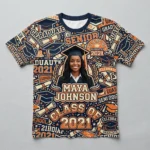All over printed retro style graduation shirt front.