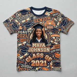 All over printed retro style graduation shirt front.