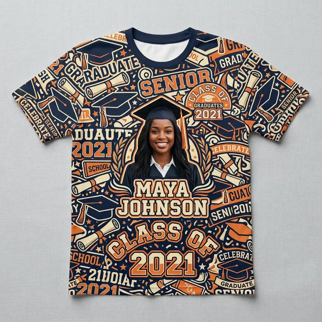 All over printed retro style graduation shirt front.