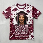 All over printed short sleeve graduation t-shirt front.