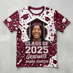 All over printed short sleeve graduation t-shirt front.