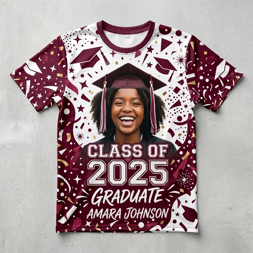 All over printed short sleeve graduation t-shirt front.