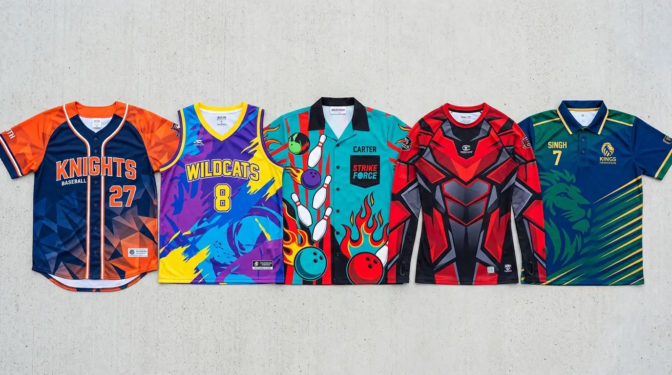 Basketball, baseball, bowling, compression, cricket all-over-sublimated shirts.