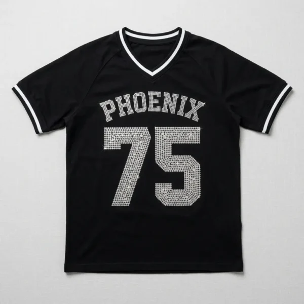 Black football rhinestone jersey front.