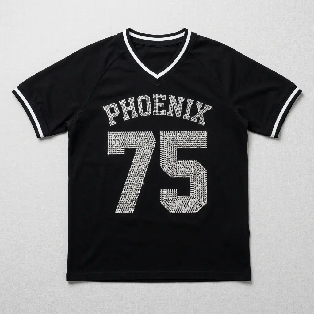 Black football rhinestone jersey front.