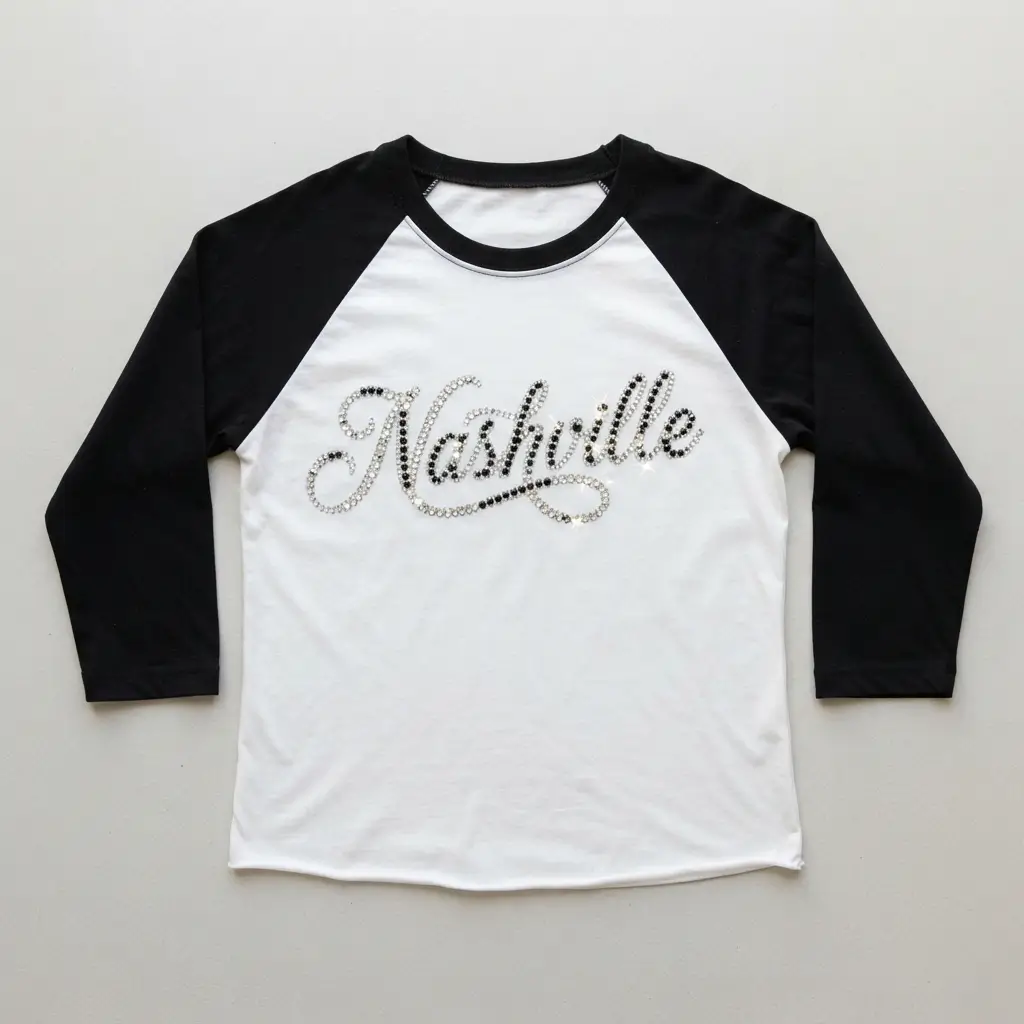 Black and white 3/4 sleeve rhinestone t-shirt front.