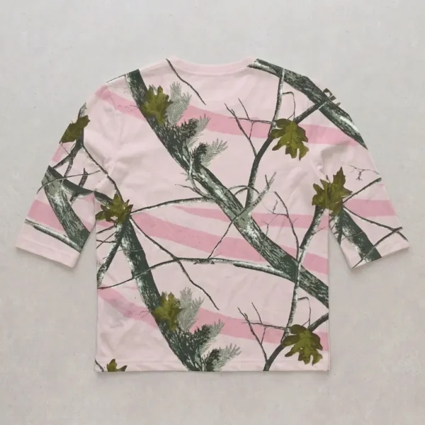 Blank 3-4 sleeve true timber pink snowfall camo t-shirt back.