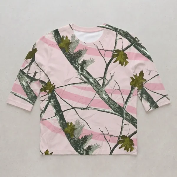 Blank 3-4 sleeve true timber pink snowfall camo t-shirt front.