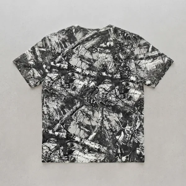 Blank black leaf and branches camo t-shirt back.