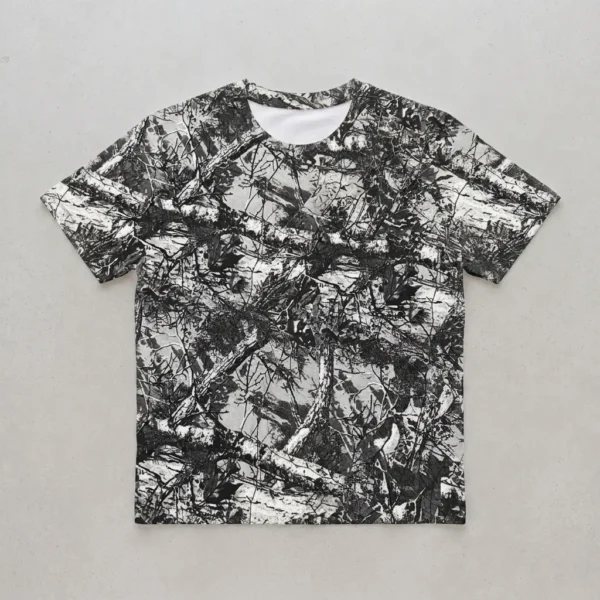 Blank black leaf and branches camo t-shirt front.