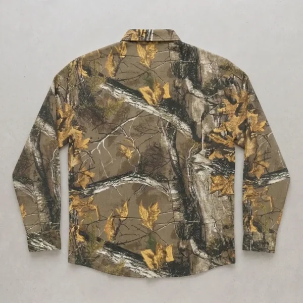 Blank deep woods camo button up shirt back.