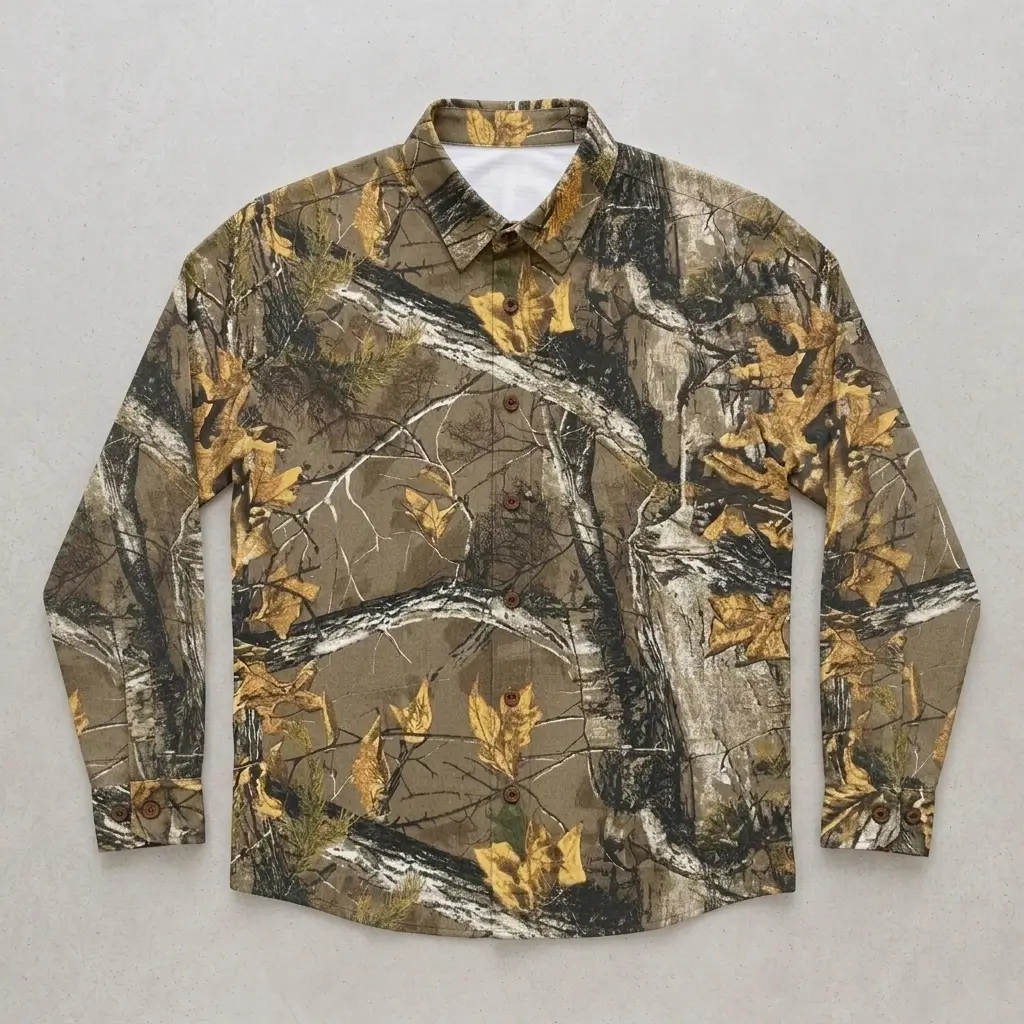 Blank deep woods camo button up shirt front.