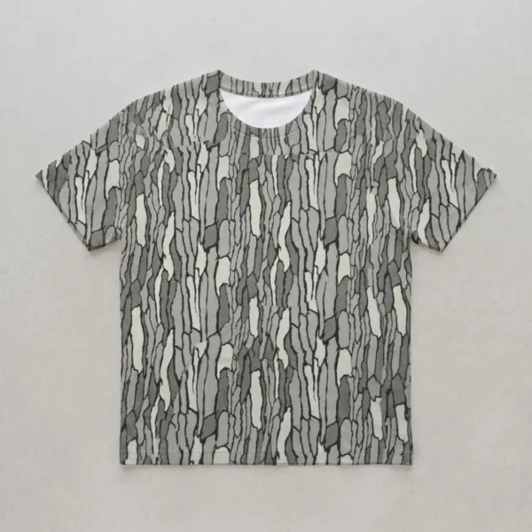 Blank gray tree bark camo t-shirt front.