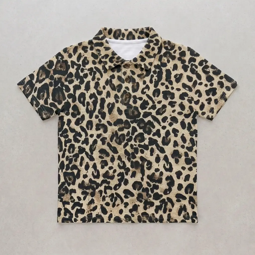 Blank leopard print polo shirt front.
