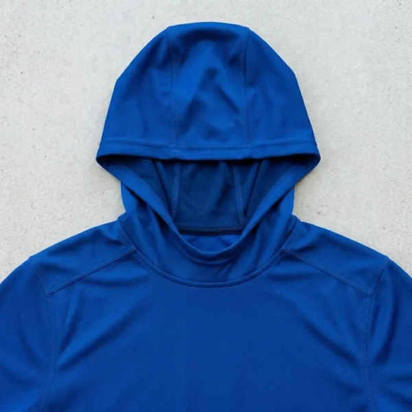 Blue hooded shirt closeup.