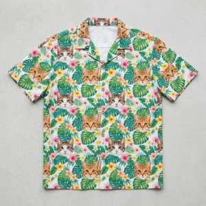 Cat face aloha shirt front.