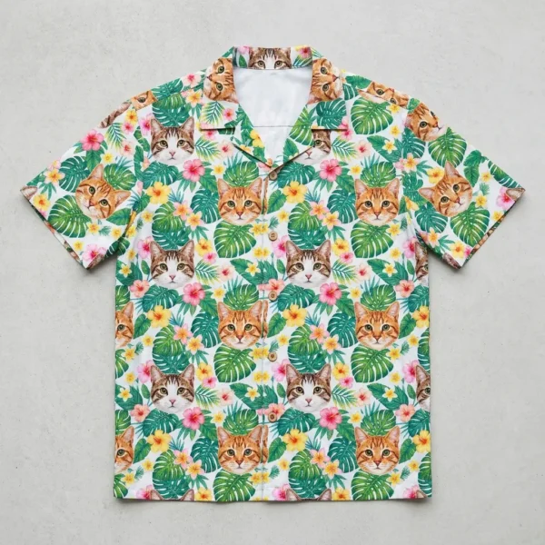 Cat face aloha shirt front.