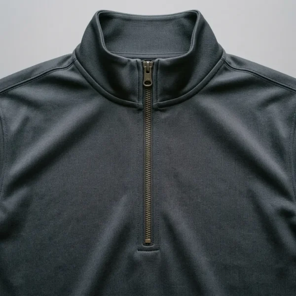 Charcoal quarter zip neck shirt closeup.