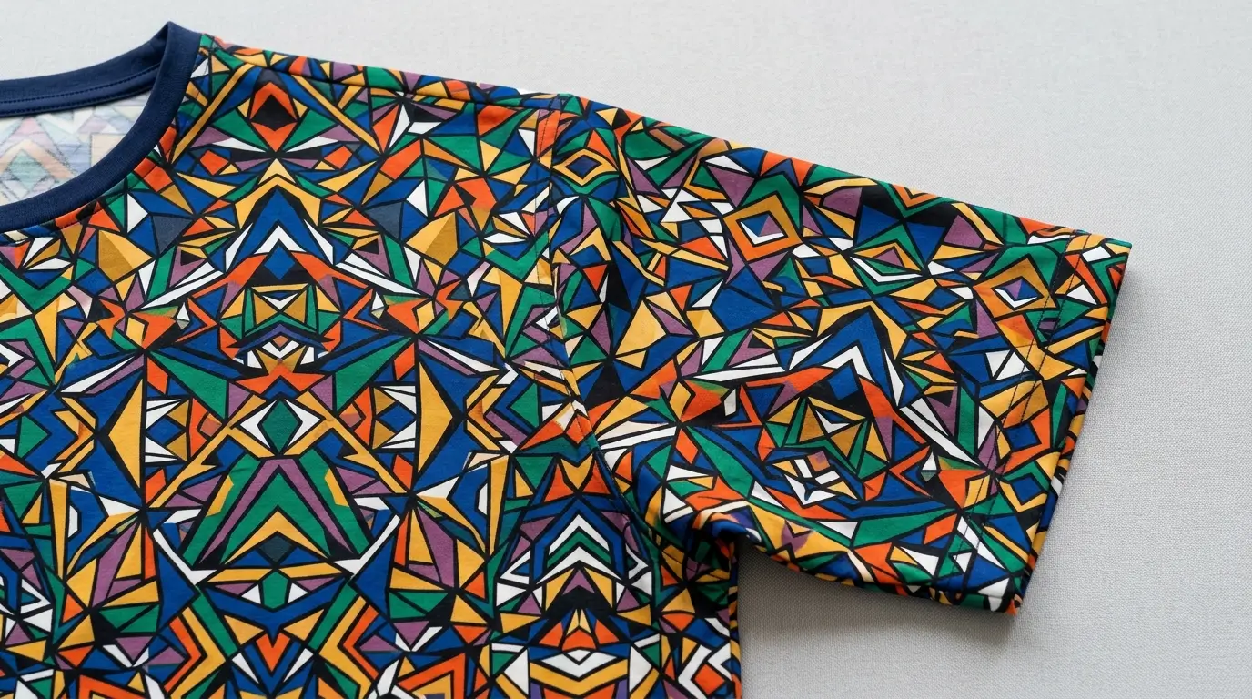Complex pattern all over printed t-shirt closeup.