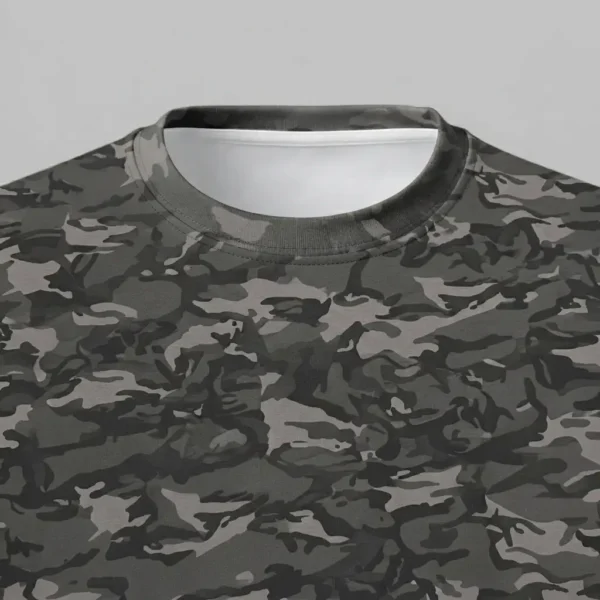 Crewneck blank urban camo t-shirt closeup.