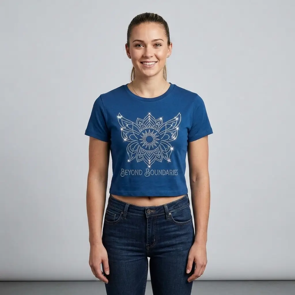 Cropped fit custom rhinestone t-shirt.