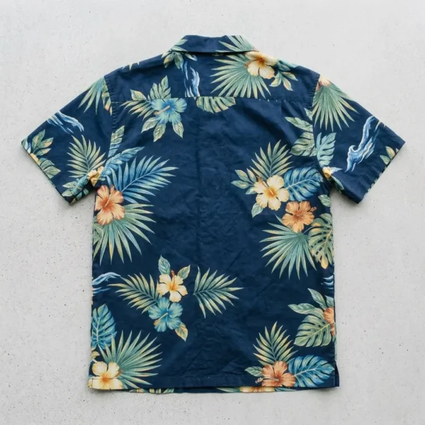 Custom hawaiian pocket shirt with company logo back.